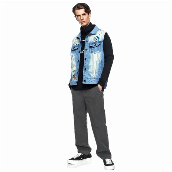 Jordan Craig Legacy Edition  Distressed Biker Moto Blue Wash Denim Vest … - Picture 1 of 8